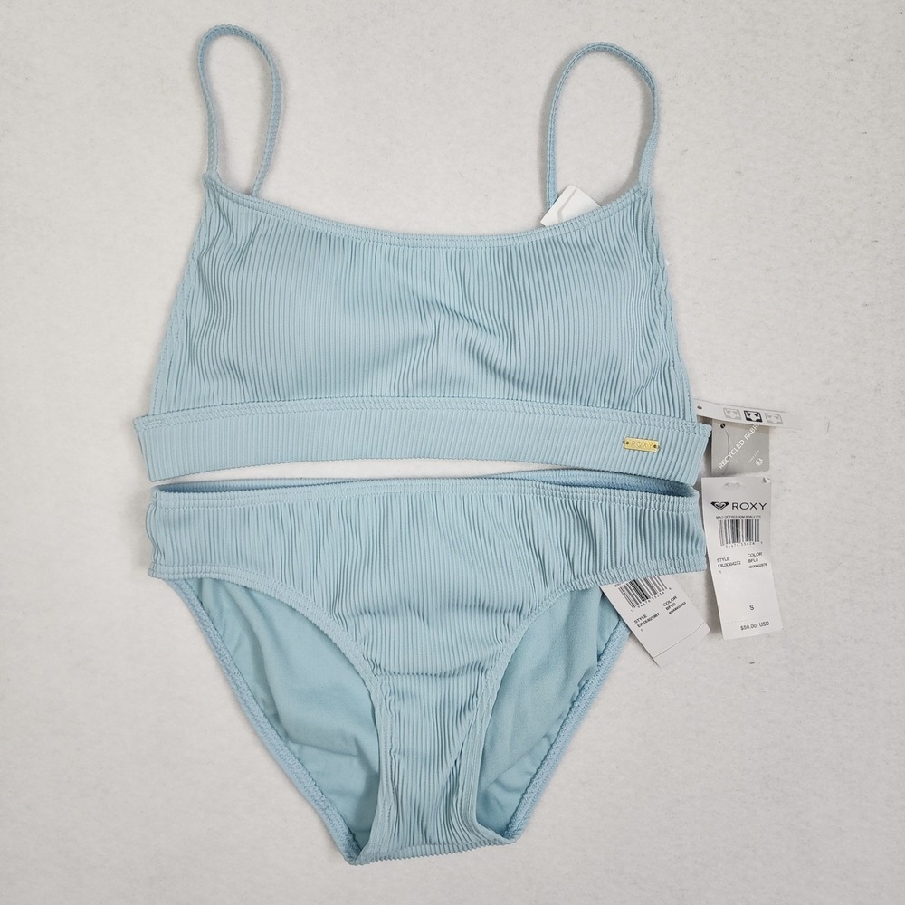 Roxy Mind of Freedom Bralette Bikini Set Womens Small Blue Ribbed Beach Swimwear